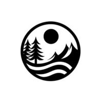 Circular minimalist monochrome nature scene with stylized trees, mountains, sun, and flowing water, showcasing balance and simplicity. vector