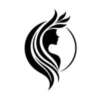 Elegant silhouette of a woman with flowing hair and laurel detail, enclosed by a circle on a stark white background, creating a modern, artistic logo. vector