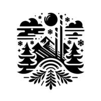 Stylized winter scene black and white depicting mountains, trees, snowflakes, a sun, clouds, and architectural elements within an abstract, symmetrical design. vector