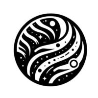 Celestial orb a monochrome artistic depiction of a swirling galaxy within a circular frame, featuring stars, planets, and flowing lines, exuding a sense of cosmic wonder. vector