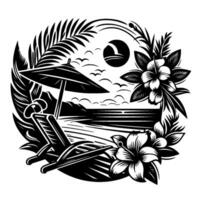 A stylized black and white beach scene, enclosed in a circle, featuring a sun umbrella, lounge chair, hibiscus flowers, and a serene ocean landscape with flying birds and a setting sun. vector
