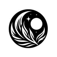Celestial emblem a monochrome, circular featuring stylized leaves, a crescent moon, and stars, conveying a sense of serenity and elegance. vector
