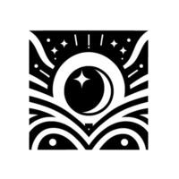 Abstract black and white geometric illustration featuring a crescent moon and star within a circle, surrounded by stylized waves and celestial elements. vector