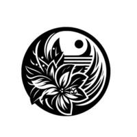 Abstract yinyang floral intricate black and white composition featuring a stylized flower, incorporating elements of balance and harmony within a circular frame. vector