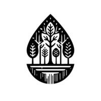 A stylized, black and white forest scene rendered inside a teardrop shape, depicting trees rooted in a stylized earth against a serene white backdrop, evoking a sense of nature and simplicity. vector