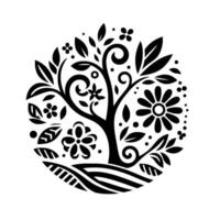 A stylized, black and white illustration of a tree of life enclosed in a circle, adorned with floral elements and decorative swirls, representing nature and growth. vector