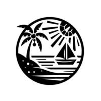 A stylized black and white circular illustration of a tropical beach scene featuring a sailboat, palm tree, sun, and waves, all contained within a circular frame. vector