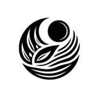 Bold black and white abstract emblem, composed of a moonlike crescent, sun, and stylized flora, all within a circular frame. vector