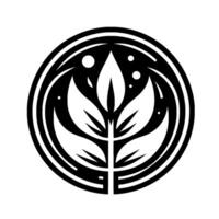 A monochromatic emblem features a stylized plant within a circular frame. leaves emerge from a central stem, accented by dots, creating a minimalist on a stark white background. vector