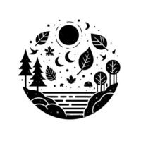 A minimalist, circular landscape illustration showcasing a tranquil scene, with stylized trees, leaves, moon, and lake elements in black against a white background, evoking a sense of calm and natural vector