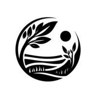 A stylized, minimalist black and white circular artwork showcasing a tranquil landscape scene with a tree, fields, sun, and plant life, with artistic lines. vector