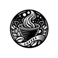 Intricate circular coffee steaming cup with stylized floral elements, a banner reading coffee, and star accents, all in black and white. vector