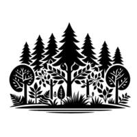 Silhouette of a stylized forest scene, featuring a mix of evergreen and deciduous trees, ferns, and grasses in black against a white background. vector