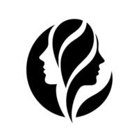 A symmetrical silhouette, featuring two female profiles intertwined within a dark circle, showcasing an elegant, abstract with flowing hairlike elements. vector