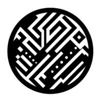 A geometric, circular composition featuring abstract, stylized forms of interconnected lines and shapes in black and white, evoking a sense of complexity and design. vector
