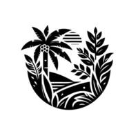 A stylized, blackandwhite tropical island scene in a circular frame, featuring a palm tree, a rising sun, and lush vegetation, conveying a sense of tranquility. vector