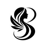 Elegant silhouette of a womans profile, intertwined with flowing hair and stylized leaf elements, forming a graceful artistic composition against a clean white backdrop. vector