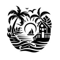 Silhouette of a tropical beach scene inside a circular frame, featuring a house, sailboat, palm trees, sun, waves, and birds, rendered in black and white. vector
