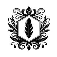 A regal black and white emblem featuring a stylized feather within a hexagonal frame, encompassed by intricate floral and ornamental flourishes, conveying a sense of elegance and sophistication. vector