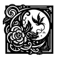 Intricate black and white papercut artwork featuring a stylized dragon, flower, leaves, and swirling patterns within a framed circle. vector