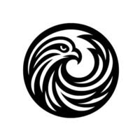 A stylized, symmetrical emblem of an eagles head within a circular vortex, rendered in solid black against a white background, evoking a sense of power and dynamic movement. vector