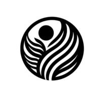 Symbolic black and white circular abstract depiction of growth, featuring a central dot and stylized wingsleafs within a patterned orb. vector