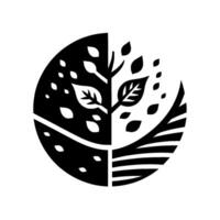 A depiction of a tree with leaves and land in a circular form, split in half between black and white, evoking balance. vector