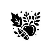 A monochrome arrangement featuring an apple, corn, and foliage, symbolizing harvest and nature, set against a plain white background. vector
