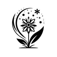 Minimalist floral with a central daisy, encircled by a crescent moon, stars and dots, rendered in black on white, evoking nature and serenity. vector