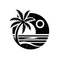 A minimalist black and white depicting a palm tree on a beach at sunset, encapsulated in a circle. vector
