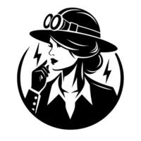 Elegant steampunk lady profile in a circular frame, wearing hat and goggles, hints of power with lightning bolts, in black and white. vector