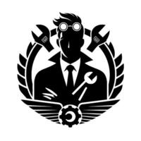 Monochrome mechanical engineer emblem silhouetted figure adorned with wrenches, gears, and wings, epitomizing precision and technical expertise. vector