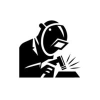 Bold black and white of a welder in a mask, welding metal with sparks flying, emphasizing skill and craftsmanship. vector
