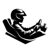 Silhouette of a kart racer in profile, strapped into a seat, gripping a steering wheel, with a helmet on, isolated on a white background. vector