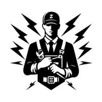 A stylized black and white illustration of an electrician wearing a cap with a z, holding tools, surrounded by lightning bolts, and exuding professionalism. vector
