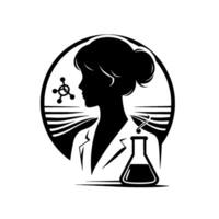 Silhouette of a female scientist in a lab coat, framed within a circle, next to chemical compound and a flask, representing scientific research. vector