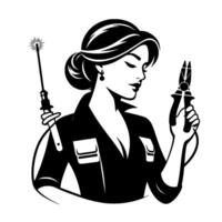 Elegant technician a stylized black and white portrait of a skilled woman, holding a welding torch and pliers, embodying craftsmanship and confidence. vector