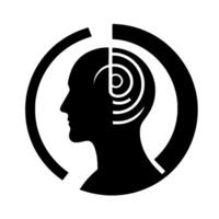 Silhouette of a human head profile with inner spiral and segmented circle symbolizing intellect, consciousness, or mental processes, in minimalistic black and white. vector