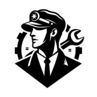 A monochromatic depicts a distinguished man in a cap, set against a gear and wrench, embodying service and skill. vector