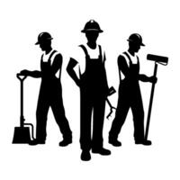 Silhouetted construction crew three workers with tools in overalls and hard hats, isolated on white background vector