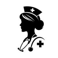 Silhouette of a nurse in profile, featuring a cap with a cross, a stethoscope, and another cross symbol vector