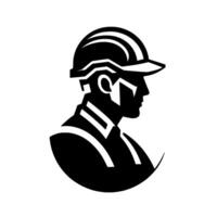 Silhouette of a worker in profile wearing a hard hat and work attire, framed within a crescent, clean black and white design. vector