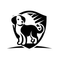 Stylized black and white dog within a shield, representing protection and loyalty with a playful design. vector