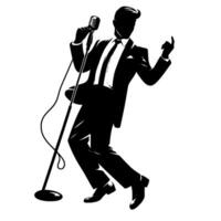 Silhouette of a dapper singer in formal wear, performing with a vintage microphone, in a dynamic and energetic pose against a white backdrop. vector