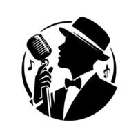 Silhouetted jazz singer in tuxedo and hat, holding microphone inside circle with musical notes, classic performance. vector
