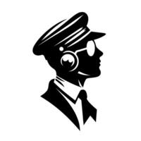 Silhouette of a person in profile, wearing a hat, headphones, and glasses, within a white circular background. vector