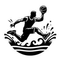 A dynamic black and white illustration of a basketball player jumping and dribbling the ball, emerging from stylized water elements. vector
