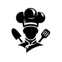 Bold silhouette chef with utensils a minimalist black and white featuring a chef wearing a tall toque and culinary tools. vector