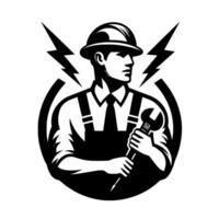 A strong electrician in uniform, wearing a helmet, holding a wrench, and surrounded by lightning bolts within a circular emblem, ready for work. vector