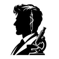 Silhouetted portrait of a scientist with a syringe in the brain and a microscope, representing science and medicine. vector